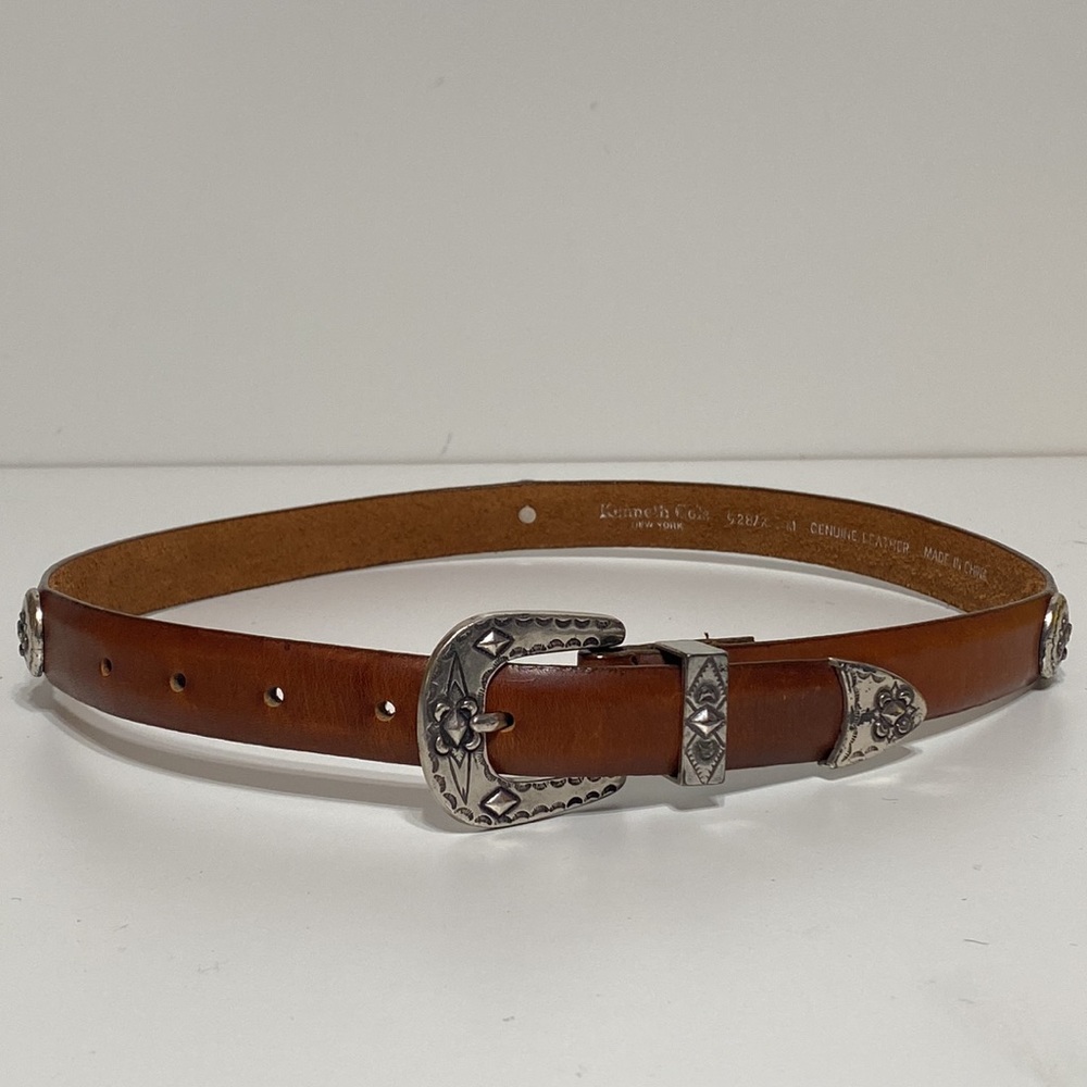 Vintage Kenneth Cole Western Style Leather Belt with Silver Buckle Detai…